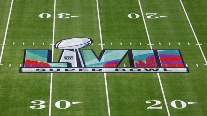 GLENDALE, ARIZONA - FEBRUARY 12: The Super Bowl LVII logo is seen on the field prior to Super Bowl LVII between the Kansas City Chiefs and the Philadelphia Eagles at State Farm Stadium on February 12, 2023 in Glendale, Arizona. (Photo by Rob Carr/Getty Images)