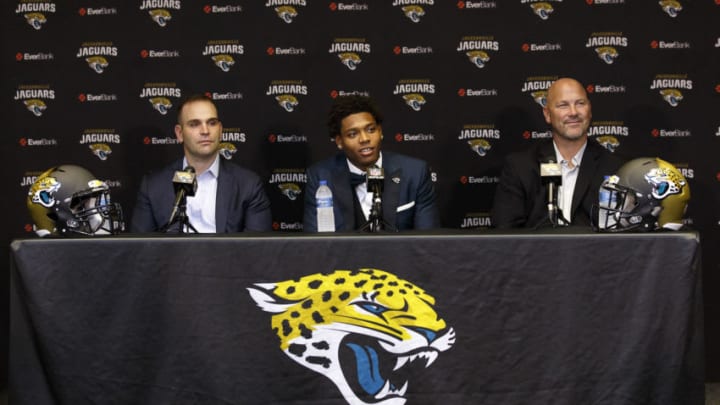 JACKSONVILLE, FL - APRIL 29: General Manager Dave Caldwell, Cornerback Jalen Ramsey and Head Coach Gus Bradley of the Jacksonville Jaguars during a press conference at EverBank Field on April 29, 2016 in Jacksonville, Florida. The Jaguars selected Ramsey fifth overall out of Florida State University in the 2016 NFL Draft. (Photo by Don Juan Moore/Getty Images)