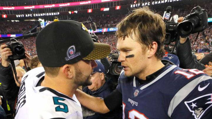 FOXBOROUGH, MA - JANUARY 21: Tom Brady #12 of the New England Patriots shakes hands with Blake Bortles #5 of the Jacksonville Jaguars after the AFC Championship Game at Gillette Stadium on January 21, 2018 in Foxborough, Massachusetts. (Photo by Kevin C. Cox/Getty Images)