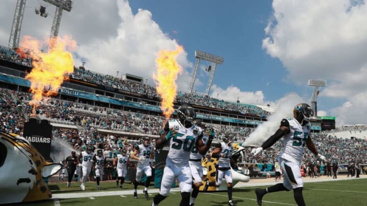 JACKSONVILLE, FL - SEPTEMBER 17: The Jacksonville Jaguars take the field prior to the start of their game against the Tennessee Titans at EverBank Field on September 17, 2017 in Jacksonville, Florida. (Photo by Logan Bowles/Getty Images)