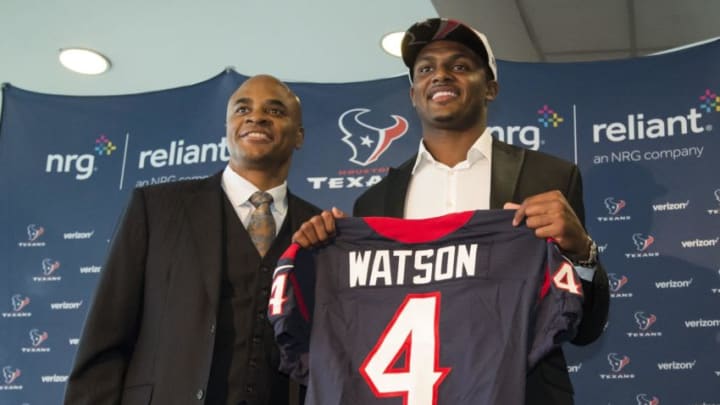 Apr 28, 2017; Houston, TX, USA; Houston Texans general manager Rick Smith (left) and first round draft pick Deshaun Watson (right) pose for a picture during a press conference at NRG Stadium. Mandatory Credit: Troy Taormina-USA TODAY Sports