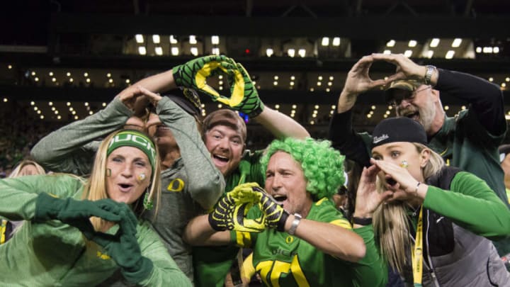 Oct 5, 2019; Eugene, OR, USA; Oregon Ducks fans celebrate during the second half during a game against the California Golden Bears at Autzen Stadium. Oregon won the game 17-7. Mandatory Credit: Troy Wayrynen-USA TODAY Sports