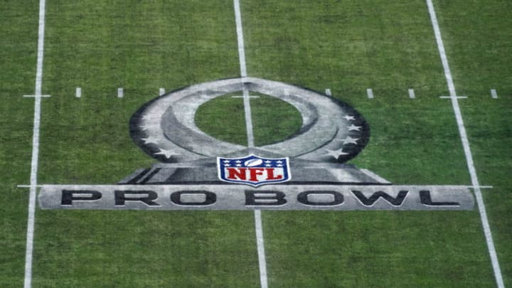 Jan 26, 2020; Orlando, Florida, USA; Detailed view of the 2020 NFL Pro Bowl logo on the field at Camping World Stadium. Mandatory Credit: Kirby Lee-USA TODAY Sports