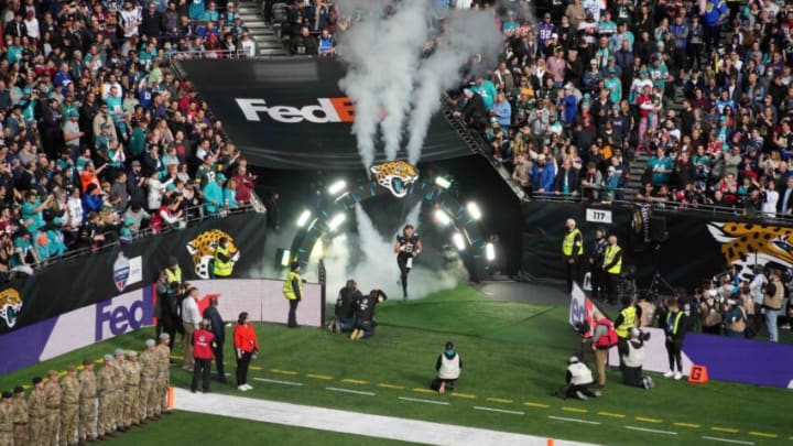 Oct 17, 2021; London, England, United Kingdom; A general overall view as Jacksonville Jaguars quarterback Trevor Lawrence (16) enters the field during an NFL International Series game against the Miami Dolphins at Tottenham Hotspur Stadium. The Jaguars defeated the Dolphins 23-20. Mandatory Credit: Kirby Lee-USA TODAY Sports