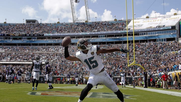 Sep 25, 2016; Jacksonville, FL, USA; Jacksonville Jaguars wide receiver Allen Robinson (15) celebrates a touchdown in the end zone during the second quarter of a football game against the Baltimore Ravens at EverBank Field. Mandatory Credit: Reinhold Matay-USA TODAY Sports