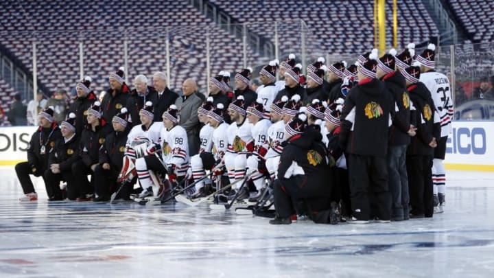 Dec 31, 2014; Washington, DC, USA; Chicago Blackhawks players pose for a team photo during practice the day before the 2015 Winter Classic hockey game against the Washington Capitals at Nationals Park. Mandatory Credit: Geoff Burke-USA TODAY Sports