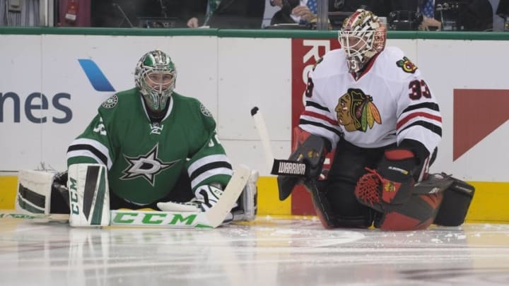 Feb 6, 2016; Dallas, TX, USA; Dallas Stars goalie Kari Lehtonen (32) talks with Chicago Blackhawks goalie Scott Darling (33) before the game at the American Airlines Center. Mandatory Credit: Jerome Miron-USA TODAY Sports