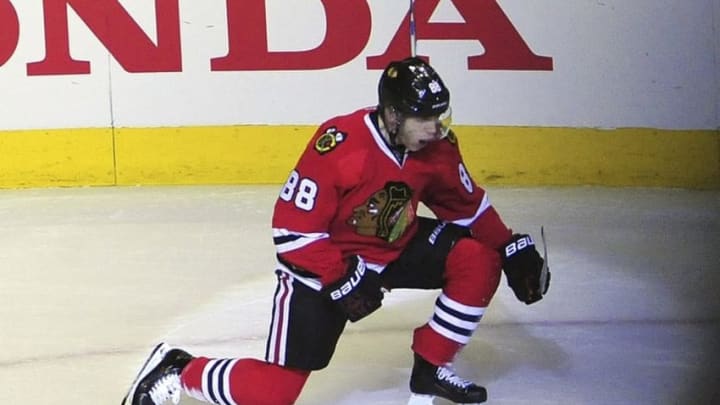 Apr 3, 2016; Chicago, IL, USA; Chicago Blackhawks right wing Patrick Kane (88) celebrates his goal against the Boston Bruins during the first period at the United Center. Mandatory Credit: David Banks-USA TODAY Sports