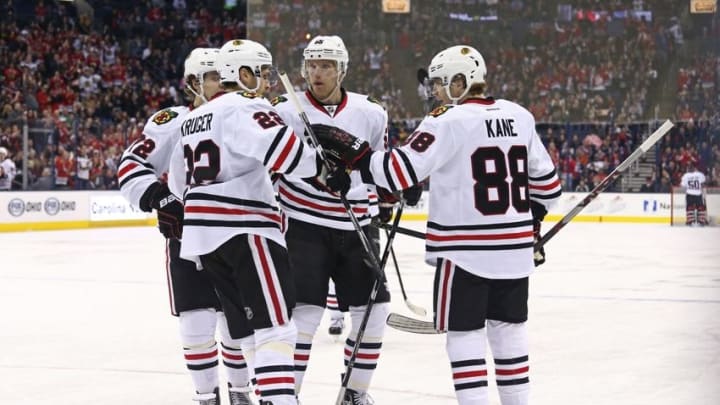 Apr 9, 2016; Columbus, OH, USA; Chicago Blackhawks right wing Patrick Kane (88) celebrates with teammates after scoring a goal against the Columbus Blue Jackets in the third period at Nationwide Arena. The Blue Jackets won 5-4 in overtime. Mandatory Credit: Aaron Doster-USA TODAY Sports