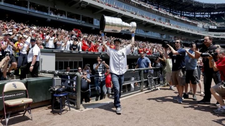 Jun 21, 2015; Chicago, IL, USA; Chicago Blackhawks Andrew Shaw arrives on the field with the Stanley Cup before the baseball game between the Chicago White Sox and Texas Rangers at U.S Cellular Field. Mandatory Credit: Kamil Krzaczynski-USA TODAY Sports