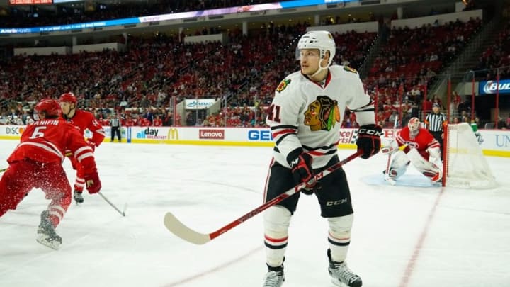 Jan 26, 2016; Raleigh, NC, USA; Chicago Blackhawks forward Mark McNeill (41) watches the play against the Carolina Hurricanes at PNC Arena. The Carolina Hurricanes defeated the Chicago Blackhawks 5-0. Mandatory Credit: James Guillory-USA TODAY Sports