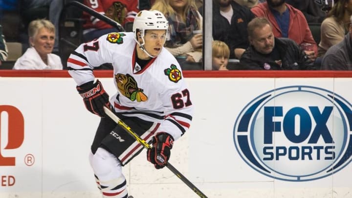 Oct 30, 2015; Saint Paul, MN, USA; Chicago Blackhawks forward Tanner Kero (67) skates with the puck during the first period against the Minnesota Wild at Xcel Energy Center. Mandatory Credit: Brace Hemmelgarn-USA TODAY Sports