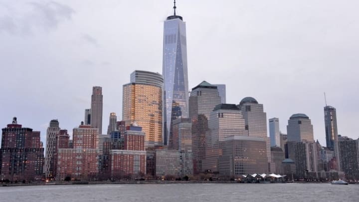 Feb 20, 2016; New York, NY, USA; General view of the Freedom Tower (World Trade Center) and the Manhattan skyline along the Hudson River. Mandatory Credit: Kirby Lee-USA TODAY Sports