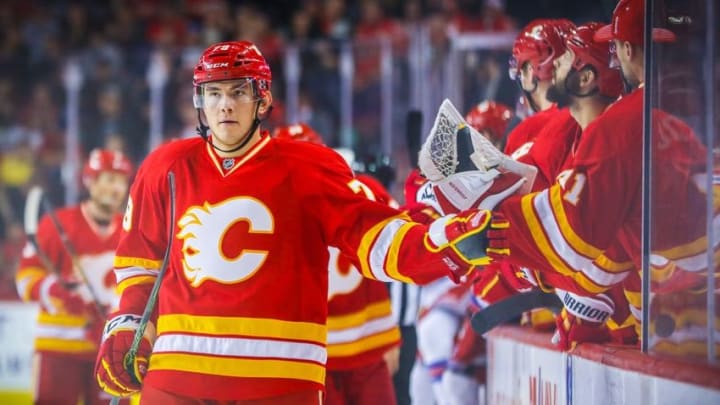 Nov 12, 2016; Calgary, Alberta, CAN; Calgary Flames left wing Micheal Ferland (79) celebrates his goal with teammates against the New York Rangers during the third period at Scotiabank Saddledome. New York Rangers won 4-1. Mandatory Credit: Sergei Belski-USA TODAY Sports Nov 12, 2016; Calgary, Alberta, CAN; Calgary Flames left wing Micheal Ferland (79) celebrates his goal with teammates against the New York Rangers during the third period at Scotiabank Saddledome. New York Rangers won 4-1. Mandatory Credit: Sergei Belski-USA TODAY Sports