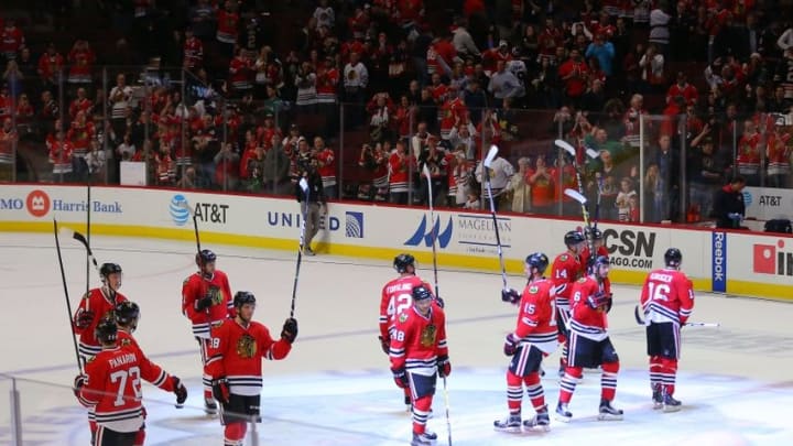 Nov 13, 2016; Chicago, IL, USA; The Chicago Blackhawks celebrate their victory following the third period against the Montreal Canadiens at the United Center. Chicago won 3-2. Mandatory Credit: Dennis Wierzbicki-USA TODAY Sports