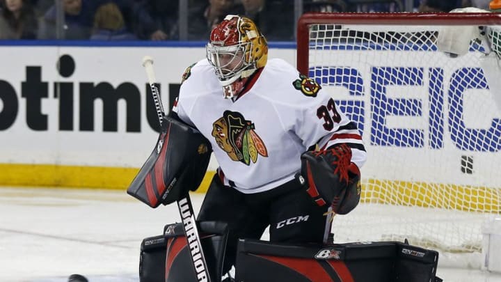 Dec 13, 2016; New York, NY, USA; Chicago Blackhawks goalie Scott Darling (33) makes a save during the second period at against the New York Rangers Madison Square Garden. Mandatory Credit: Adam Hunger-USA TODAY Sports