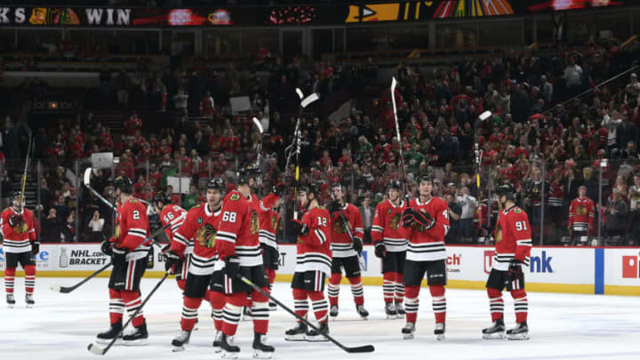 CHICAGO, IL - APRIL 05: The Chicago Blackhawks celebrate defeating the Dallas Stars 6-1 at the United Center on April 5, 2019 in Chicago, Illinois. (Photo by Bill Smith/NHLI via Getty Images)