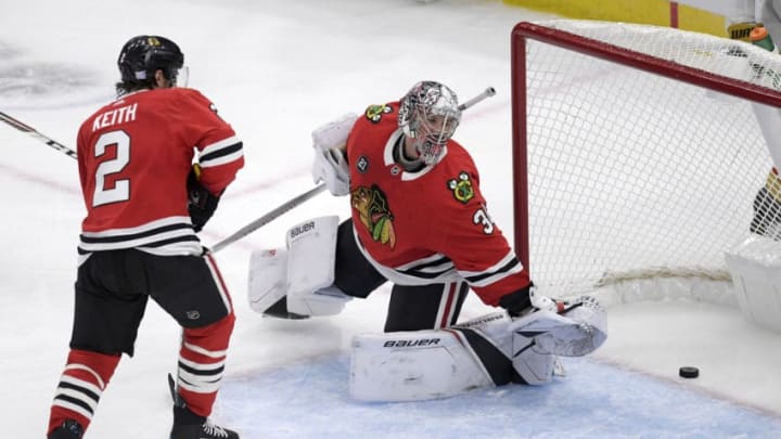 CHICAGO, IL - NOVEMBER 27: Chicago Blackhawks goaltender Cam Ward (30) is unable to stop a deflected puck from going into the net for a goal in third period action during a NHL game between the Chicago Blackhawks and the Vegas Golden Knights on November 27, 2018 at the United Center, in Chicago, Illinois. (Photo by Robin Alam/Icon Sportswire via Getty Images)