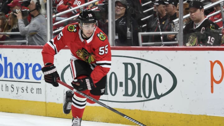 CHICAGO, IL - APRIL 06: Blake Hillman #55 of the Chicago Blackhawks skates in the second period against the St. Louis Blues at the United Center on April 6, 2018 in Chicago, Illinois. The St. Louis Blues defeated the Chicago Blackhawks 4-1. (Photo by Bill Smith/NHLI via Getty Images)