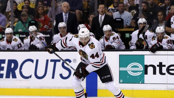 BOSTON, MA - SEPTEMBER 25: Chicago Blackhawks defenseman Jan Rutta (44) times a slap shot during a preseason game between the Boston Bruins and the Chicago Blackhawks on September 25, 2017, at TD Garden in Boston, Massachusetts. (Photo by Fred Kfoury III/Icon Sportswire via Getty Images)