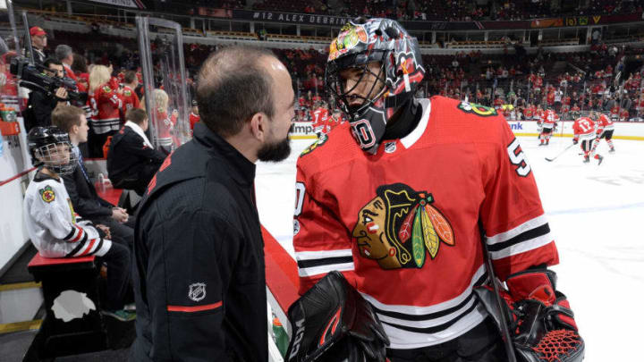 CHICAGO, IL - OCTOBER 14: Goalie Corey Crawford