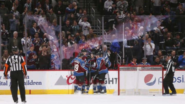 DENVER, CO – OCTOBER 19: Members of the Colorado Avalanche celebrate a first period goal during a regular season game between the Colorado Avalanche and the visiting St. Louis Blues on October 19, 2017, at the Pepsi Center in Denver, CO. (Photo by Russell Lansford/Icon Sportswire via Getty Images)
