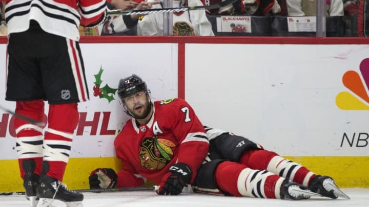Chicago Blackhawks defenseman Brent Seabrook (7) lays on the ice after being hooked by Los Angeles Kings right wing Marian Gaborik (12) during the first period on Sunday, Dec. 3, 2017, at the United Center in Chicago, Ill. (Erin Hooley/Chicago Tribune/TNS via Getty Images) Chicago Blackhawks defenseman Brent Seabrook (7) lays on the ice after being hooked by Los Angeles Kings right wing Marian Gaborik (12) during the first period on Sunday, Dec. 3, 2017, at the United Center in Chicago, Ill. (Erin Hooley/Chicago Tribune/TNS via Getty Images)