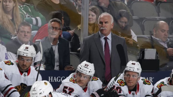 DALLAS, TX - DECEMBER 21: Joel Quenneville, head coach of the Chicago Blackhawks watches the action from the bench against the Dallas Stars at the American Airlines Center on December 21, 2017 in Dallas, Texas. (Photo by Glenn James/NHLI via Getty Images)