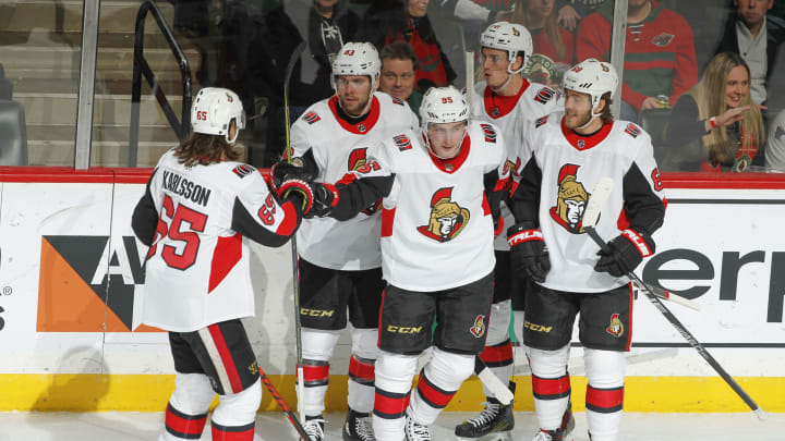 ST. PAUL, MN – JANUARY 22: The Ottawa Senators celebrate after scoring a goal against the Minnesota Wild during the game at the Xcel Energy Center on January 22, 2018 in St. Paul, Minnesota. (Photo by Bruce Kluckhohn/NHLI via Getty Images)