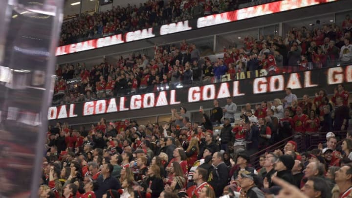 CHICAGO, IL - FEBRUARY 17: Chicago Blackhawks fans celebrate a Chicago Blackhawks goal in the third period of play during a game between the Chicago Blackhawks and the Washington Capitals on February 17, 2018, at the United Center in Chicago, Illinois. (Photo by Robin Alam/Icon Sportswire via Getty Images)