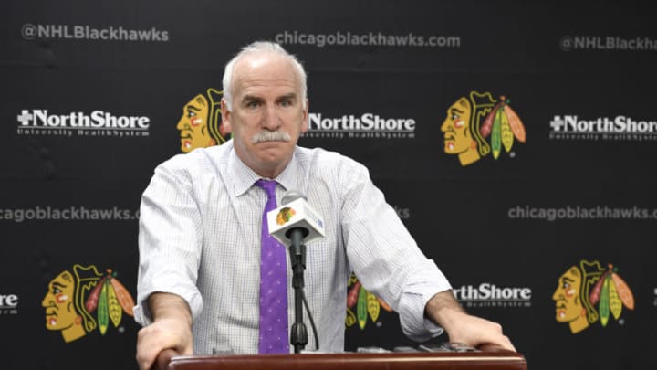 CHICAGO, IL - APRIL 06: Joel Quenneville, head coach of the Chicago Blackhawks, speaks to the press after the 4-1 loss to the St. Louis Blues at the United Center on April 6, 2018 in Chicago, Illinois. (Photo by Bill Smith/NHLI via Getty Images)