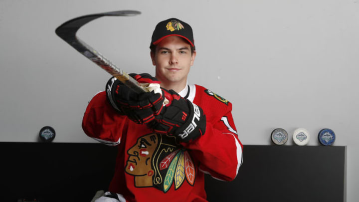 VANCOUVER, BRITISH COLUMBIA - JUNE 22: Michal Teply poses after being selected 105th overall by the Chicago Blackhawks during the 2019 NHL Draft at Rogers Arena on June 22, 2019 in Vancouver, Canada. (Photo by Kevin Light/Getty Images)