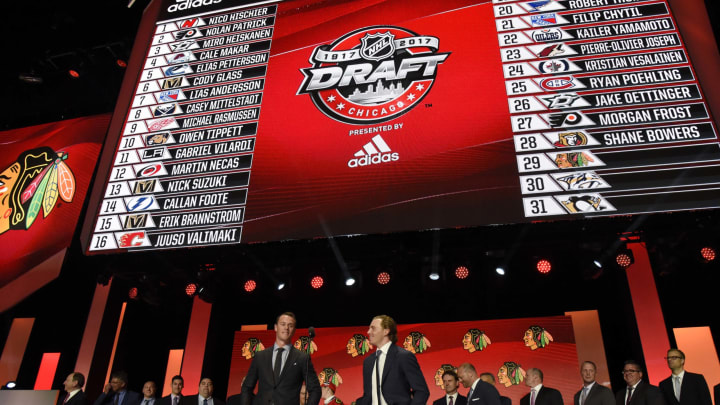 June 23, 2017; Chicago, IL, USA; Chicago Blackhawks players Jonathan Toews and Patrick Kane announce the 29th overall pick in the first round of the 2017 NHL Draft at the United Center. Mandatory Credit: David Banks-USA TODAY Sports