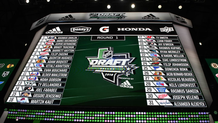Jun 22, 2018; Dallas, TX, USA; A general view of the draft board with the first round picks after the first round of the 2018 NHL Draft at American Airlines Center. Mandatory Credit: Jerome Miron-USA TODAY Sports