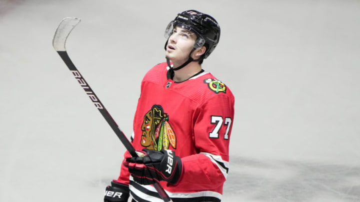 Kirby Dach #77, Chicago Blackhawks Mandatory Credit: Mike Dinovo-USA TODAY Sports