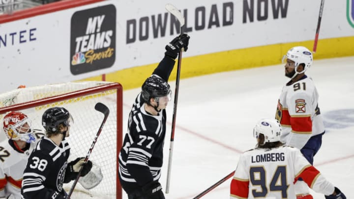 Kirby Dach #77, Chicago Blackhawks Mandatory Credit: Kamil Krzaczynski-USA TODAY Sports