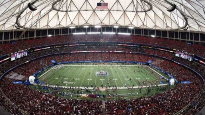 Dec 31, 2015; Atlanta, GA, USA; A general view of the Georgia Dome during the coin toss prior to the game between the Florida State Seminoles and the Houston Cougars in the 2015 Chick-fil-A Peach Bowl. Mandatory Credit: Dale Zanine-USA TODAY Sports