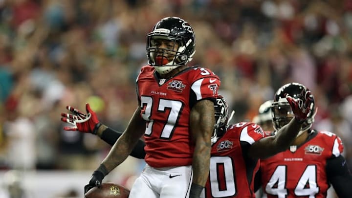 Sep 14, 2015; Atlanta, GA, USA; Atlanta Falcons cornerback Ricardo Allen (37) celebrates his game saving interception in the fourth quarter against the Philadelphia Eagles at the Georgia Dome. The Falcons defeated the Eagles 26-24. Mandatory Credit: Jason Getz-USA TODAY Sports