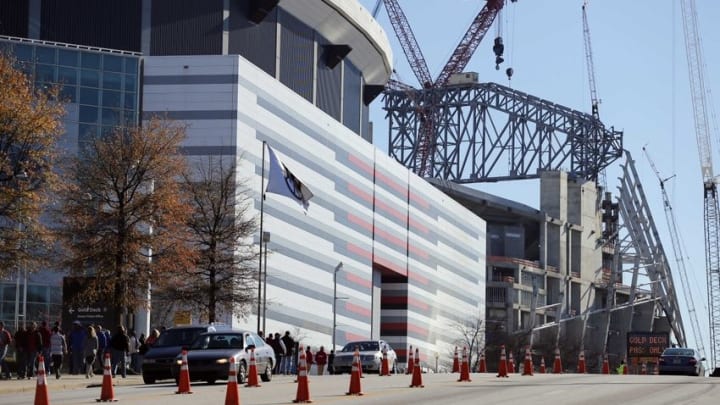 Dec 5, 2015; Atlanta, GA, USA; General view of construction of the Mercedes-Benz Stadium behind the Georgia Dome prior to the 2015 SEC Championship Game between the Alabama Crimson Tide and the Florida Gators. Mandatory Credit: Jason Getz-USA TODAY Sports