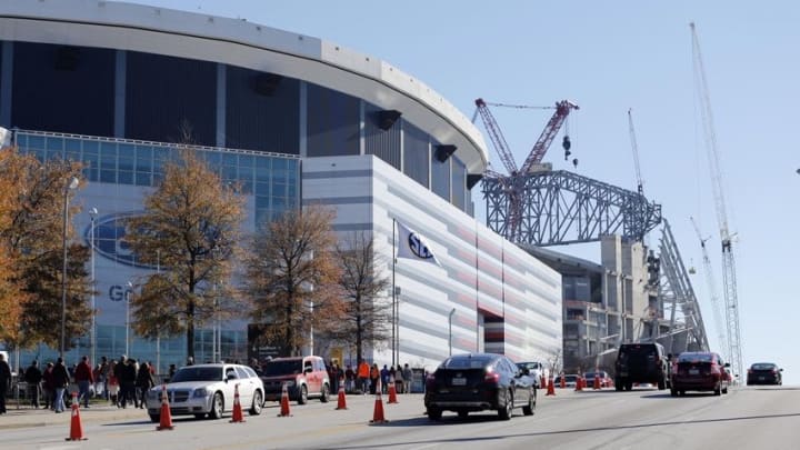 Dec 5, 2015; Atlanta, GA, USA; General view of construction of the Mercedes-Benz Stadium behind the Georgia Dome prior to the 2015 SEC Championship Game between the Alabama Crimson Tide and the Florida Gators. Mandatory Credit: Jason Getz-USA TODAY Sports