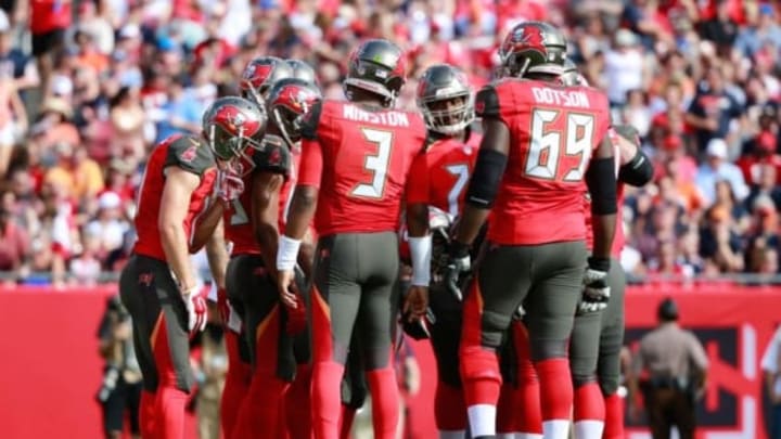 Dec 27, 2015; Tampa, FL, USA; Tampa Bay Buccaneers quarterback Jameis Winston (3) huddles up with offense against the Chicago Bears during the first half at Raymond James Stadium. Mandatory Credit: Kim Klement-USA TODAY Sports