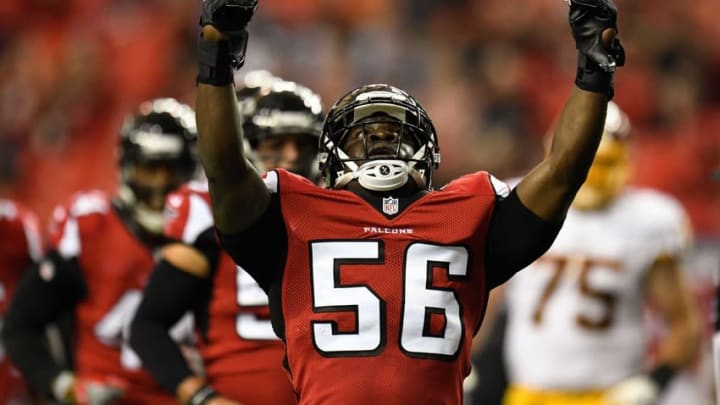 Aug 11, 2016; Atlanta, GA, USA; Atlanta Falcons linebacker Sean Weatherspoon (56) reacts after tackling Washington Redskins running back Matt Jones (not shown) during the first quarter at the Georgia Dome. Mandatory Credit: Dale Zanine-USA TODAY Sports