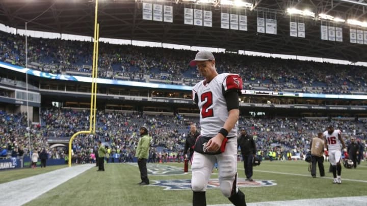 Oct 16, 2016; Seattle, WA, USA; Atlanta Falcons quarterback Matt Ryan (2) walks back to the locker room following a 26-24 loss against the Seattle Seahawks at CenturyLink Field . Mandatory Credit: Joe Nicholson-USA TODAY Sports