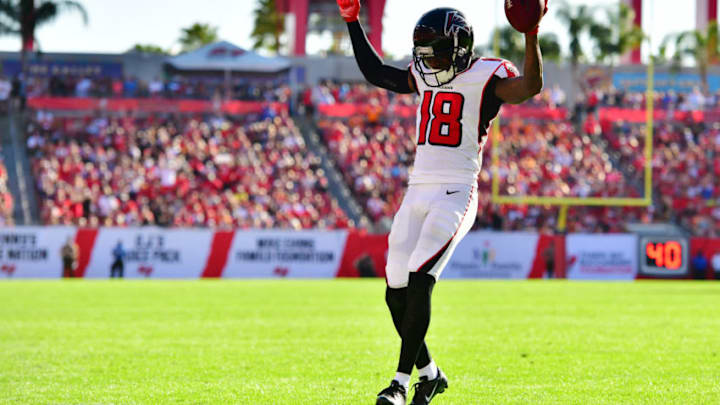 TAMPA, FLORIDA - DECEMBER 30: Calvin Ridley #18 of the Atlanta Falcons celebrates as he runs into the endzone to score during the fourth quarter against the Tampa Bay Buccaneers at Raymond James Stadium on December 30, 2018 in Tampa, Florida. The Falcons won 34-32. (Photo by Julio Aguilar/Getty Images) TAMPA, FLORIDA - DECEMBER 30: Calvin Ridley #18 of the Atlanta Falcons celebrates as he runs into the endzone to score during the fourth quarter against the Tampa Bay Buccaneers at Raymond James Stadium on December 30, 2018 in Tampa, Florida. The Falcons won 34-32. (Photo by Julio Aguilar/Getty Images)