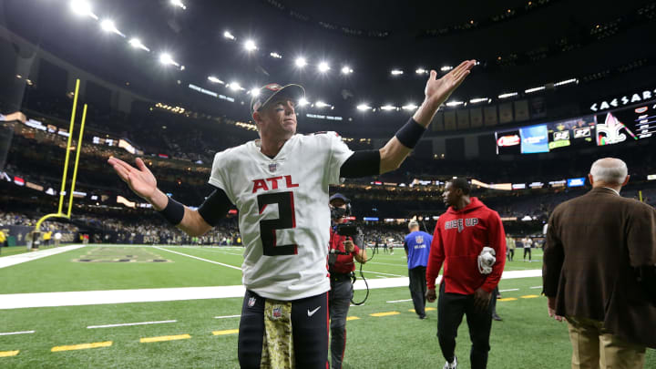 NEW ORLEANS, LOUISIANA – NOVEMBER 07: Matt Ryan #2 of the Atlanta Falcons reacts after a win over the New Orleans Saints at Caesars Superdome on November 07, 2021, in New Orleans, Louisiana. (Photo by Jonathan Bachman/Getty Images)