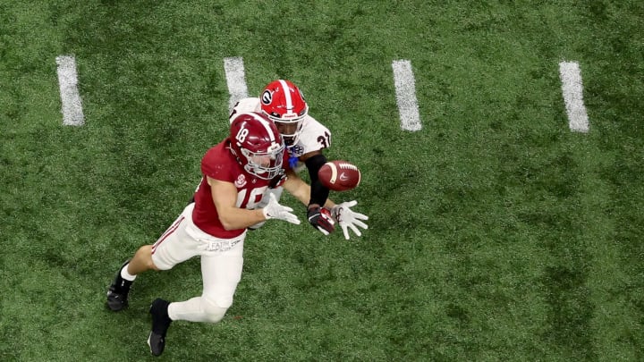 INDIANAPOLIS, INDIANA – JANUARY 10: William Poole #31 of the Georgia Bulldogs breaks up a pass intended for Slade Bolden #18 of the Alabama Crimson Tide in the fourth quarter during the 2022 CFP National Championship Game at Lucas Oil Stadium on January 10, 2022, in Indianapolis, Indiana. (Photo by Dylan Buell/Getty Images)