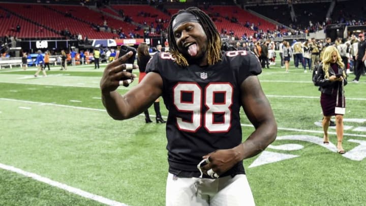 Oct 22, 2018; Atlanta, GA, USA; Atlanta Falcons defensive end Takkarist McKinley (98) does a selfie as he leaves the field after the Falcons defeated the New York Giants at Mercedes-Benz Stadium. Mandatory Credit: Dale Zanine-USA TODAY Sports