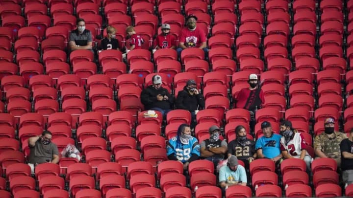 Oct 11, 2020; Atlanta, Georgia, USA; Atlanta Falcons fans shown in the stands against the Carolina Panthers during the second half at Mercedes-Benz Stadium. Mandatory Credit: Dale Zanine-USA TODAY Sports