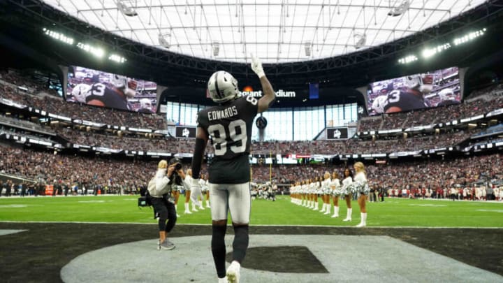 Dec 5, 2021; Paradise, Nevada, USA; Las Vegas Raiders wide receiver Bryan Edwards (89) enters the field before the game against the Washington Football Team in the first half at Allegiant Stadium. Mandatory Credit: Kirby Lee-USA TODAY Sports