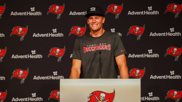 Jun 9, 2022; Tampa, FL, USA; Tampa Bay Buccaneers quarterback Tom Brady (12) participates in a press conference during mandatory mini camp at AdventHealth Training Center Mandatory Credit: Nathan Ray Seebeck-USA TODAY Sports